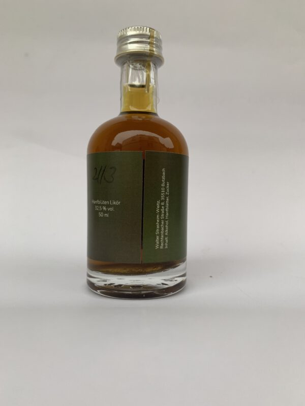 Hanf-Point - Traumhanft Hanf-Blüten-Likör - hanfig, kräftig und herb, mit deutlicher Hanfnote 50 ml -32.5 % vol Flaschen Etikett Rückseite